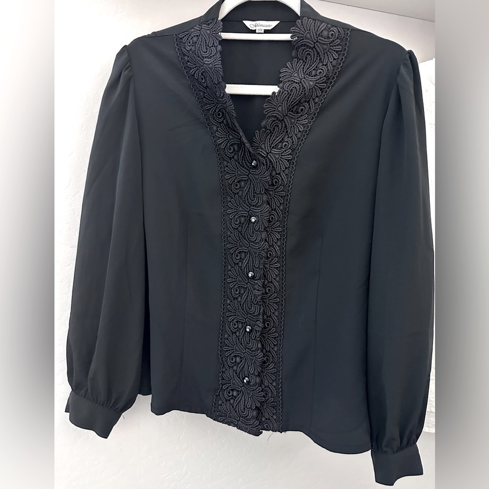 Vintage black secretary blouse with lace silky feel sz 6 or 8